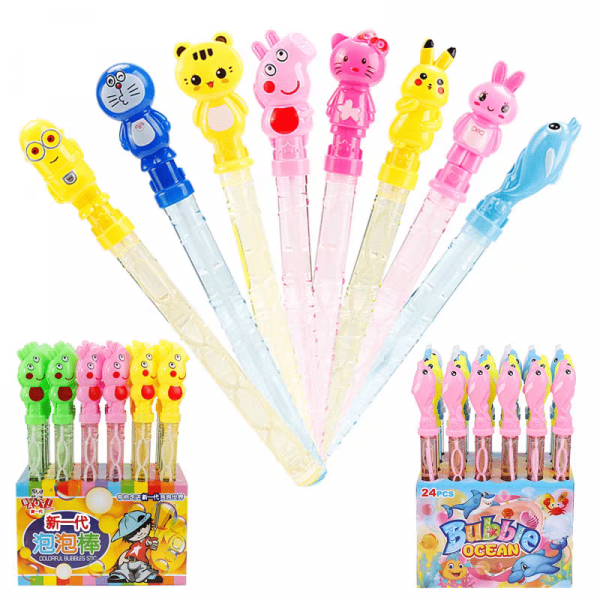 Childrens Bubble Tube Toys, featuring colorful cartoon character handles with animals and fictional figures, are displayed in boxes labeled with Chinese text and Bubble Ocean, each containing bubble solution.
