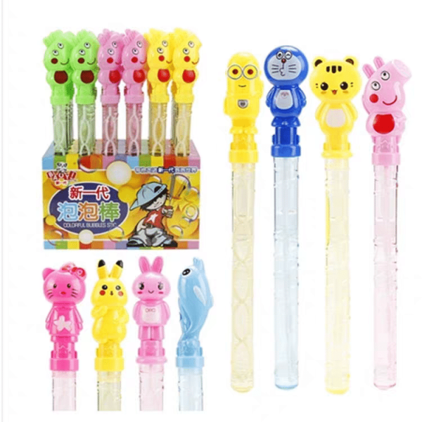 Brightly colored Childrens Bubble Tube Toys with cartoon character handles resembling a bear, cat, rabbit, and dolphin are displayed. A box containing similar wands is in the background.