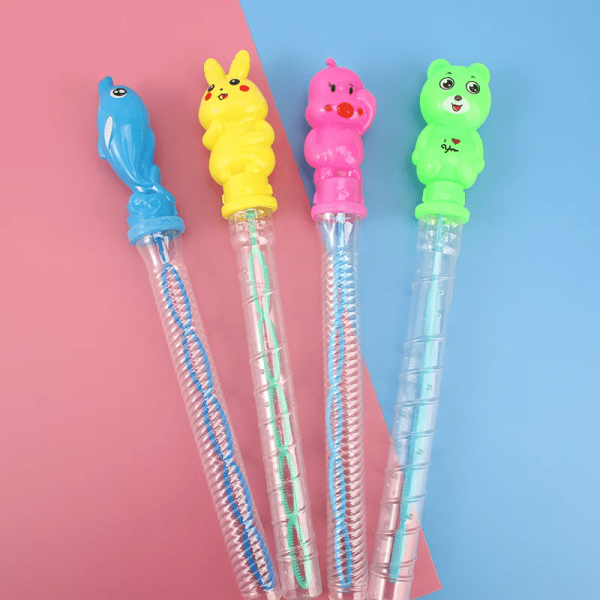 Four Childrens Bubble Tube Toys with animal-shaped handles are shown on a pink and blue background, featuring a blue bird, yellow rabbit, pink pig, and green bear. Each has clear spiral tubes for delightful bubble fun.