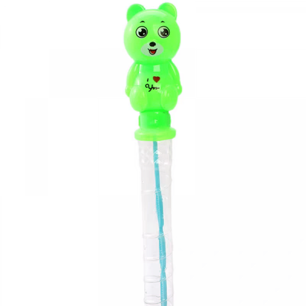 The Childrens Bubble Tube Toy is a playful green bear-shaped bubble tube featuring a translucent handle. Its large eyes and smile charm children, revealing a blue wand inside. A heart symbol decorates its chest, making it a delightful companion for bubbly adventures!.