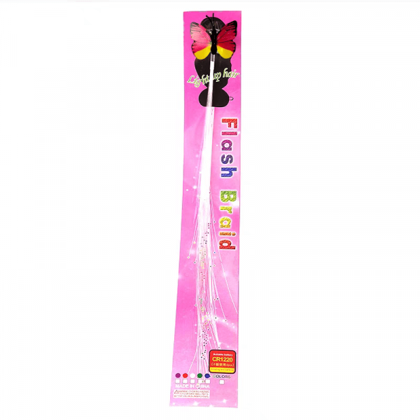 The vibrant pink packaging of the Flash Braid hair accessory, embellished with a butterfly logo, features LED Hair Extensions with multicolor fiber strands and Flashing Light effects, making it a dazzling choice to elevate your style.