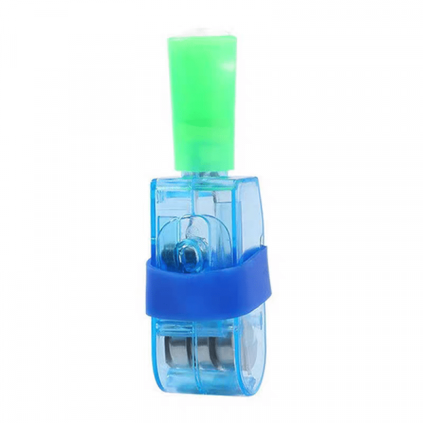 A compact, blue correction tape dispenser with a green cap and transparent casing shows its internal mechanisms. It has a blue rubber grip in the middle, adding a whimsical touch similar to LED Cartoon Character Finger Rings to brighten up your desk essentials.