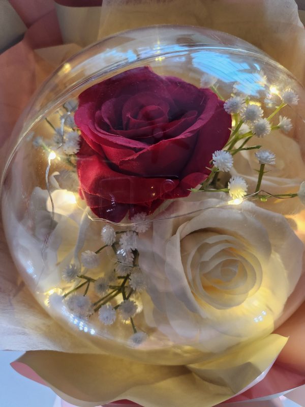 The Acrylic Ball Red and White Rose Bouquet with LED Lights for Valentines Day features a vibrant red rose, a white rose, and babys breath flowers elegantly encased and illuminated by warm lights for a cozy, romantic ambiance.