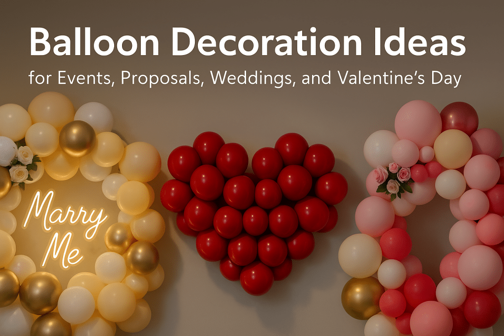 Elegant balloon decoration setup featuring romantic and festive arrangements for events, proposals, weddings, and Valentine’s Day in Singapore.
