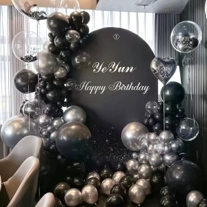 Black and silver birthday balloon backdrop Singapore – luxury balloon decoration by Valentine-Day.Shop