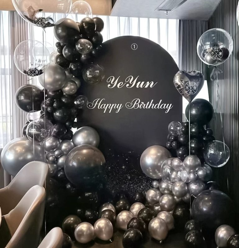 Black and silver birthday balloon backdrop Singapore – luxury balloon decoration by Valentine-Day.Shop