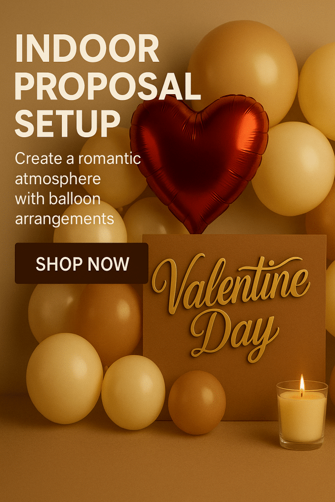 Indoor romantic balloon proposal setup with red heart balloon, candles, and soft lighting by Valentine Day Singapore