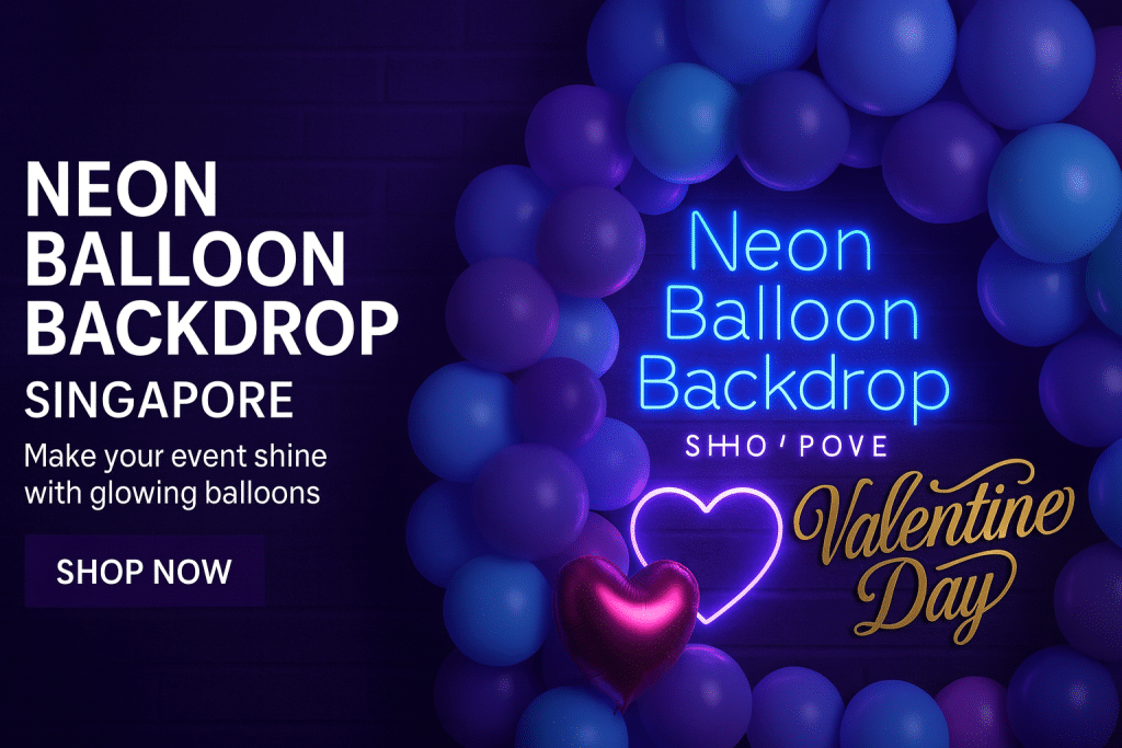 Neon LED balloon backdrop in purple, pink, and orange for parties and events in Singapore by Valentine Day
