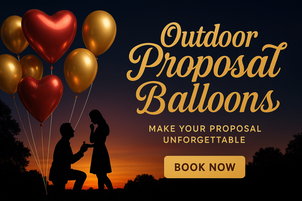 Silhouette of romantic outdoor proposal with heart and gold balloons at sunset in Singapore