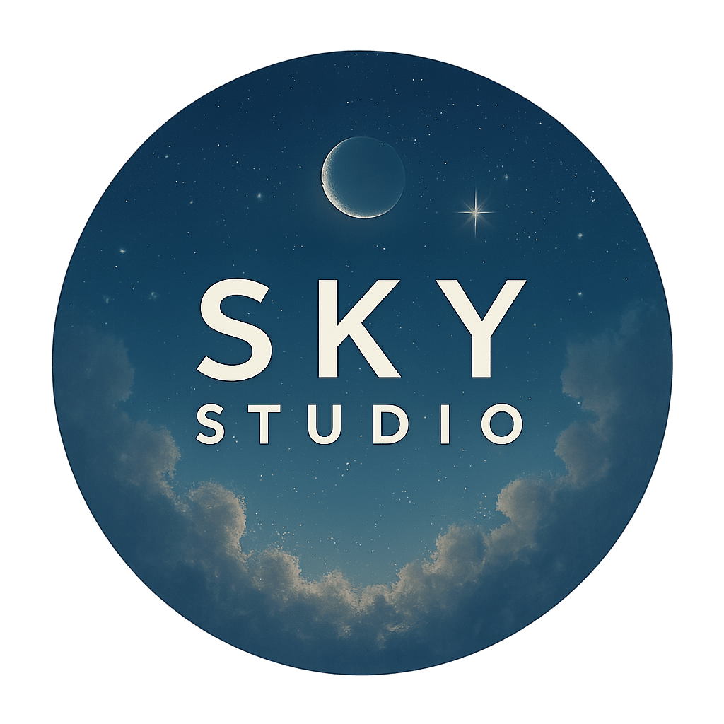 Sky Studio circular logo with starry night sky, crescent moon, clouds, and “SKY STUDIO” wordmark