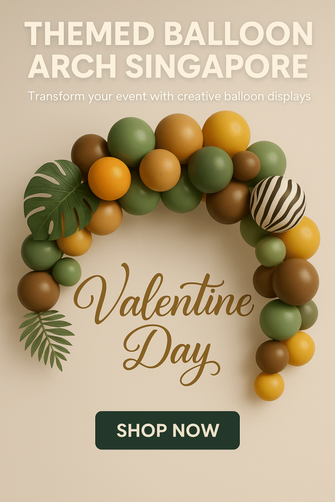 Safari-themed balloon arch in green, brown, and yellow tones with tropical leaves and zebra patterns, designed by Valentine Day Singapore