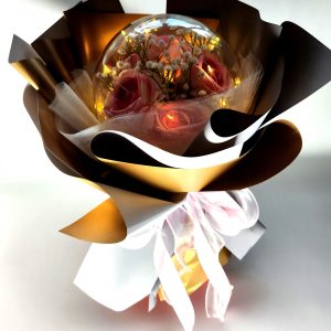pink artificial roses LED acrylic dome bouquet