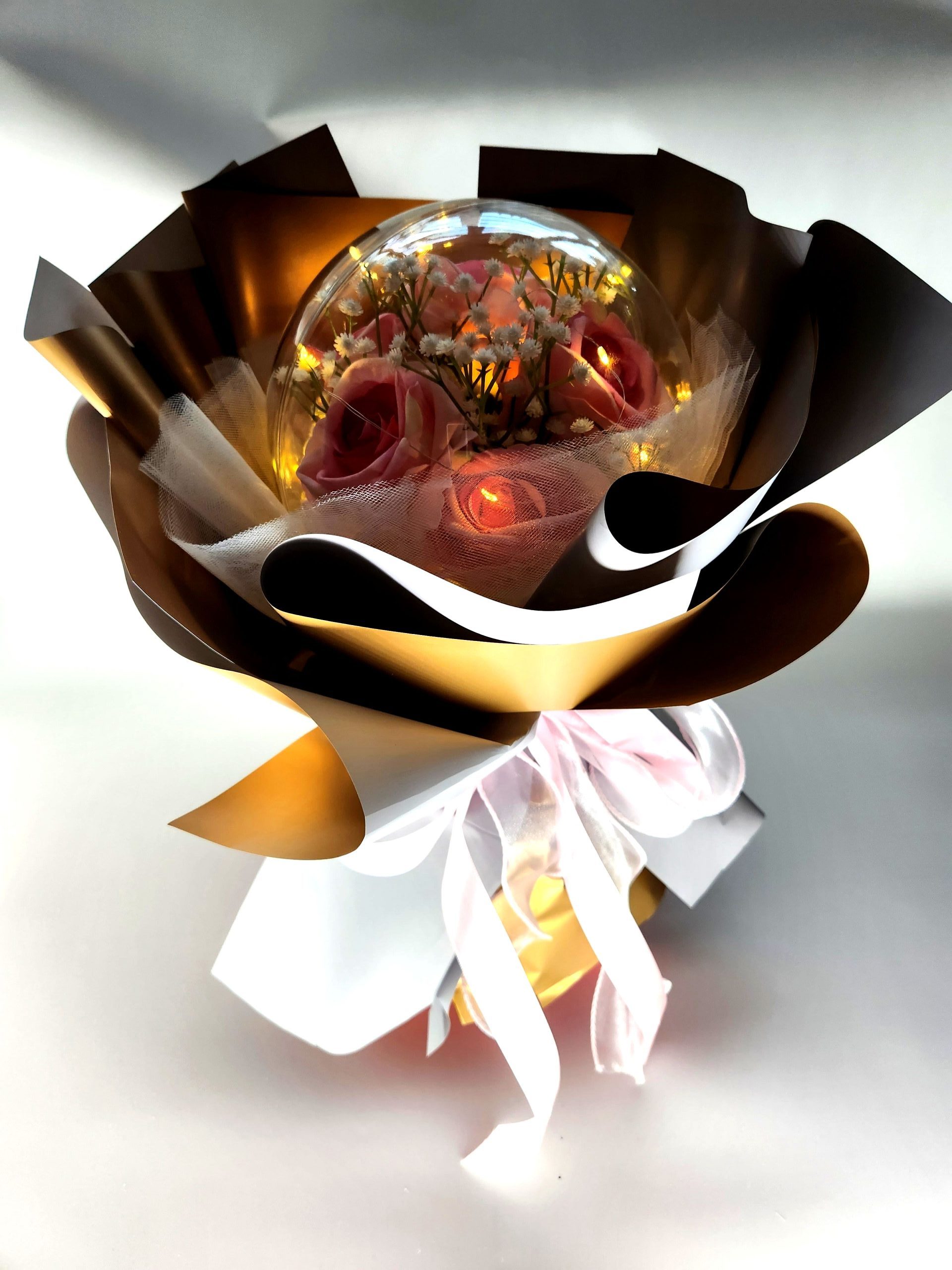 pink artificial roses LED acrylic dome bouquet