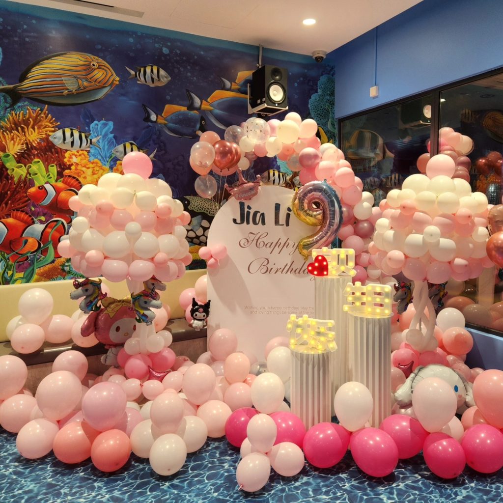 Pink theme birthday balloon decoration setup at SAFRA Punggol The Splash