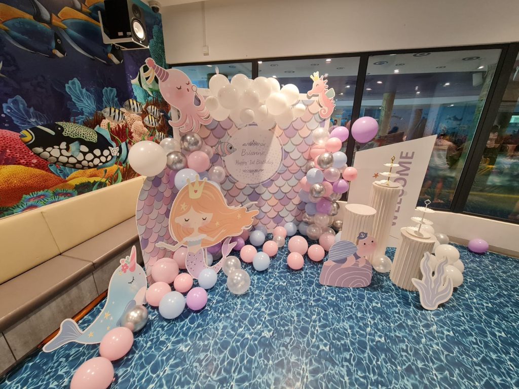 Mermaid themed birthday balloon decoration setup at SAFRA Punggol The Splash