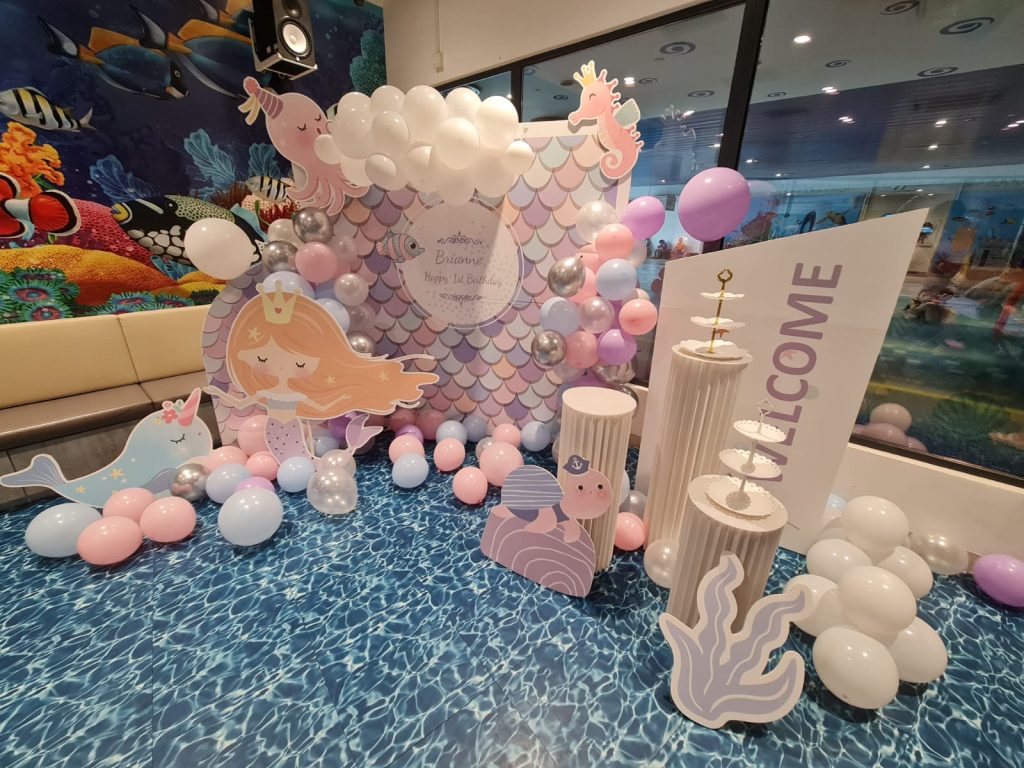 Side view of mermaid themed birthday balloon decoration at SAFRA Punggol The Splash